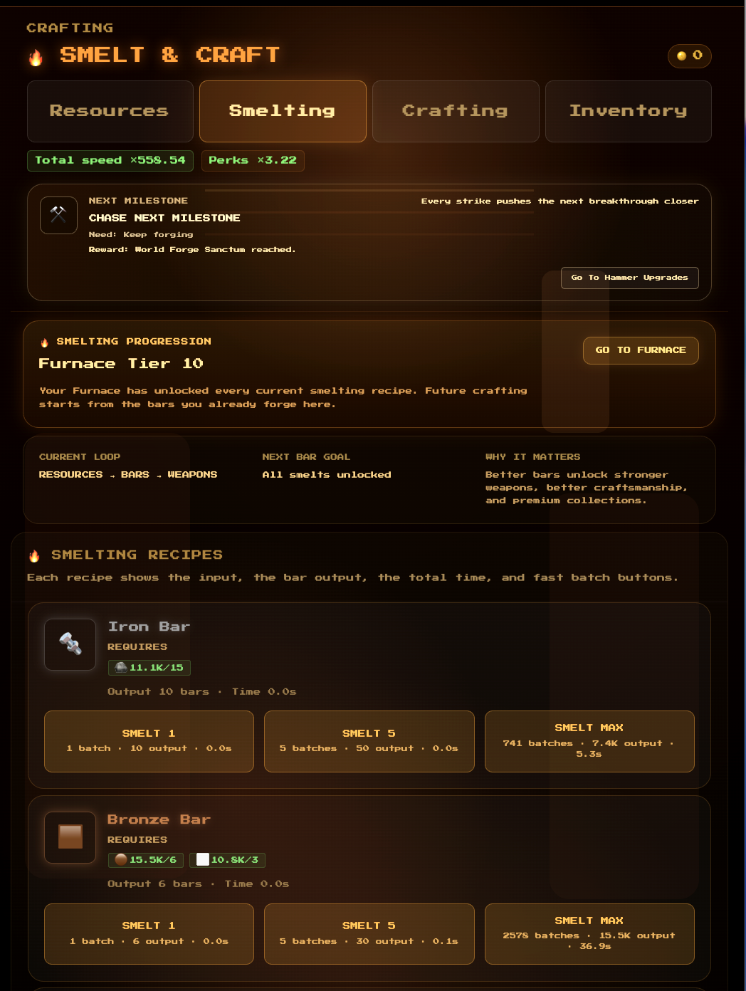 PocketForge smelting and crafting screen