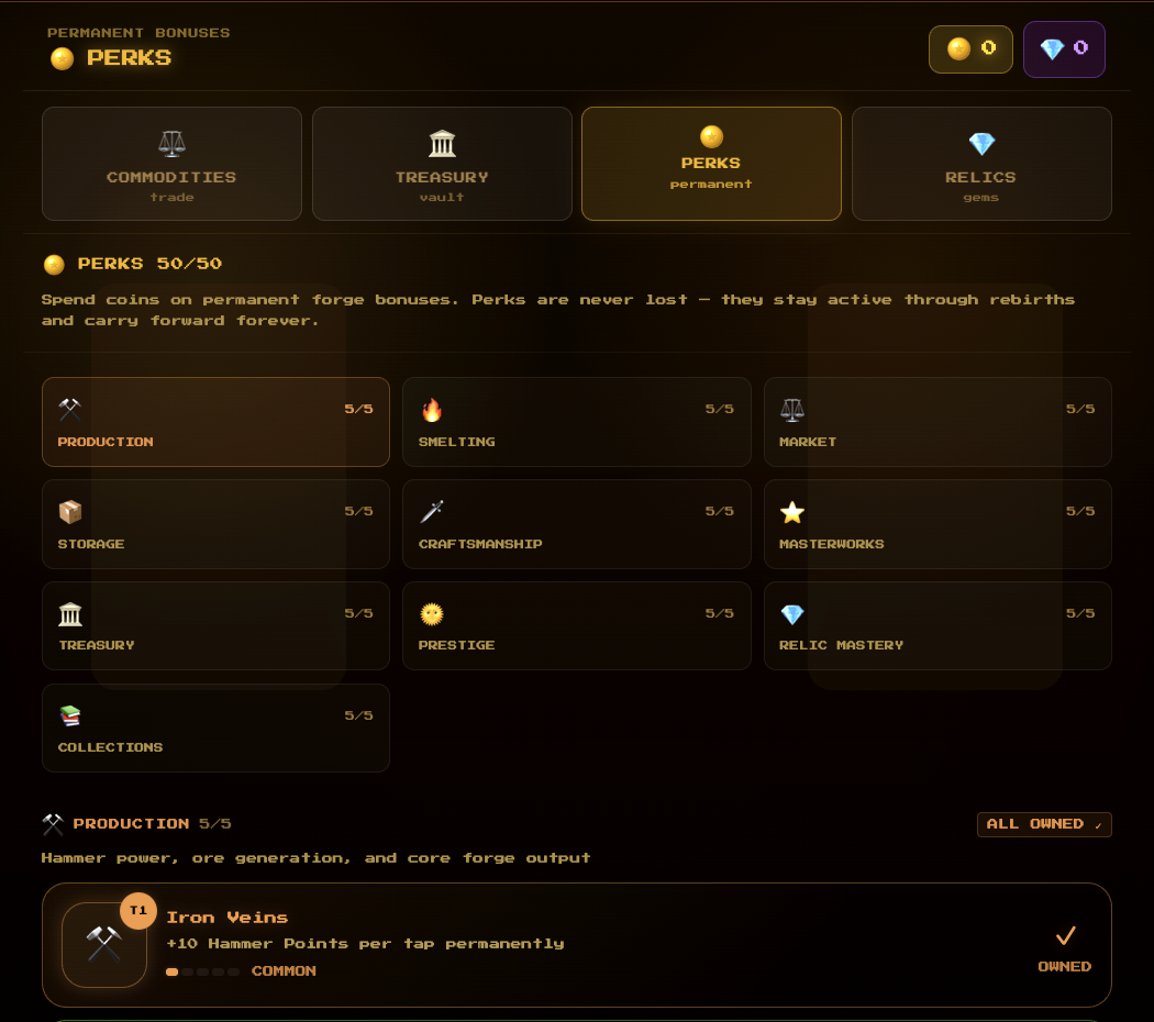 PocketForge perks screen