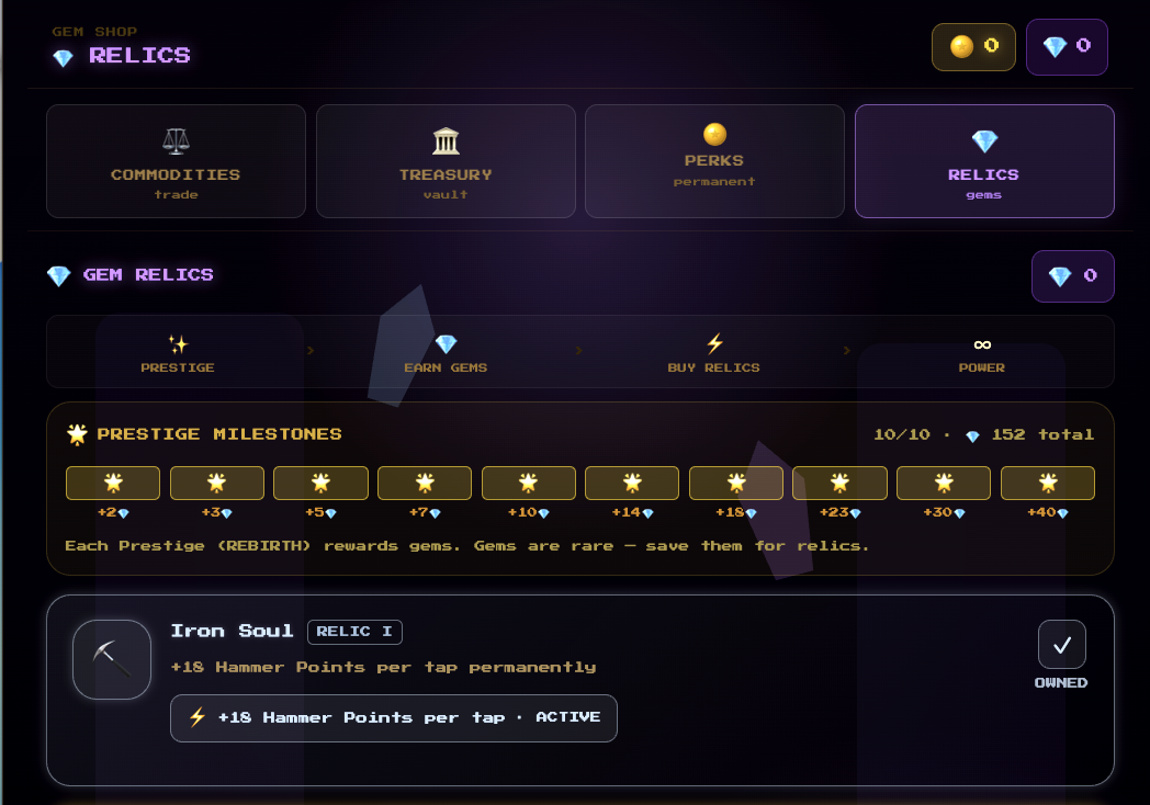 PocketForge relics screen