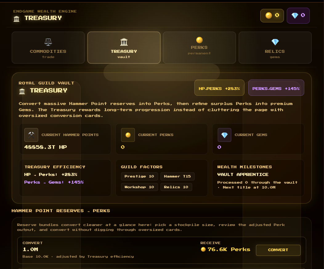 PocketForge treasury screen