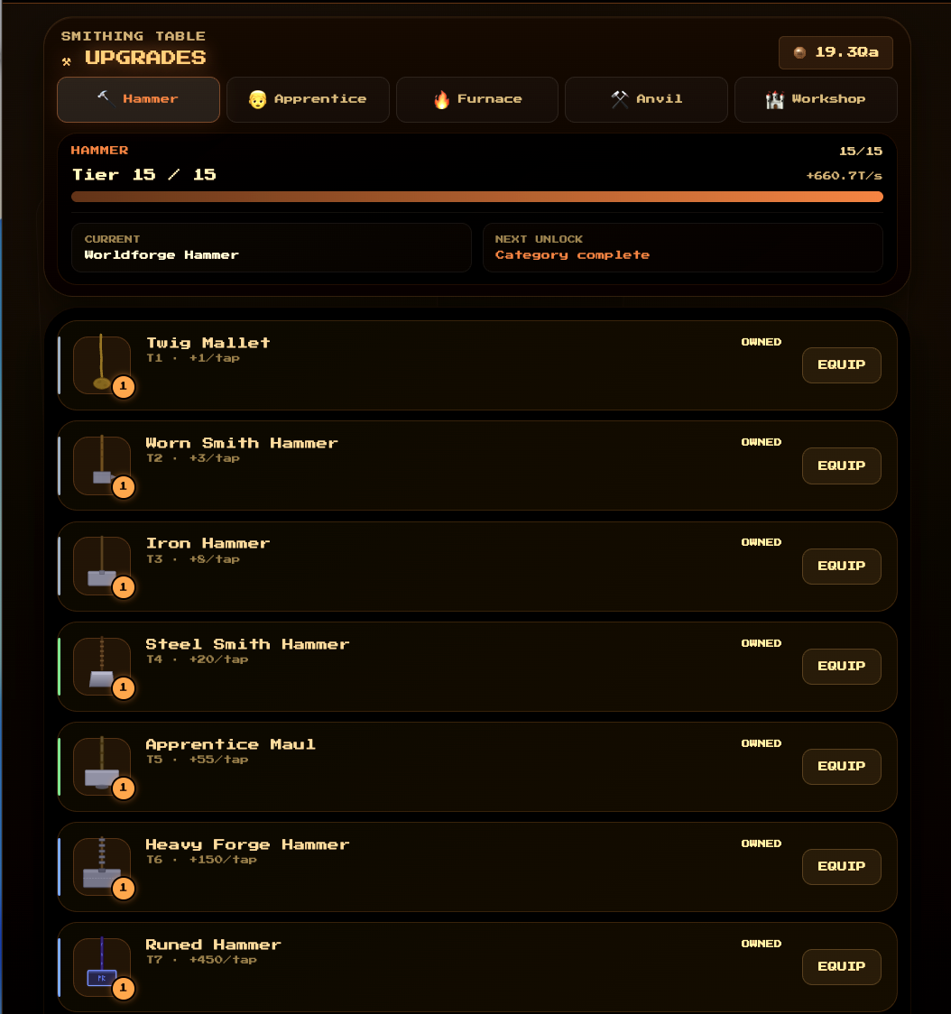 PocketForge hammer upgrades screen